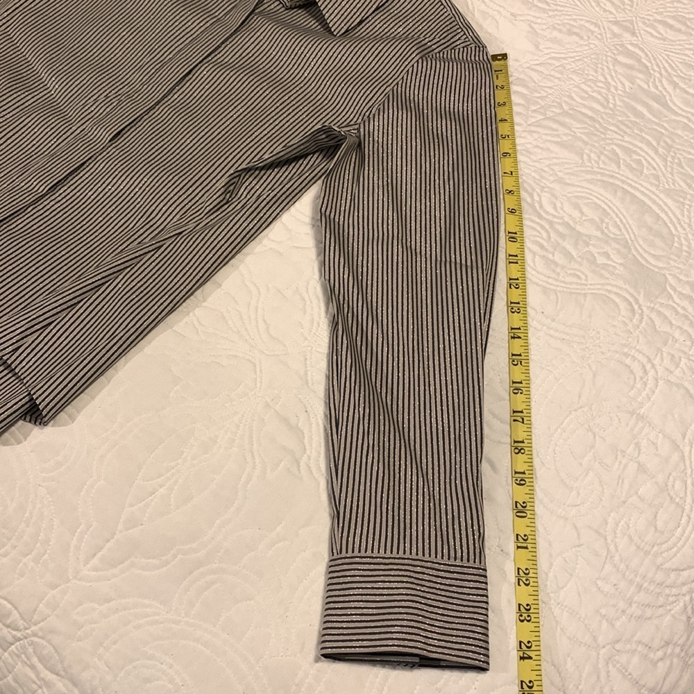 LAFAYETTE 148 NY Stripe Shimmer Button Down Long Sleeve Blouse Black Beige SZ 10 - Picture 15 of 16